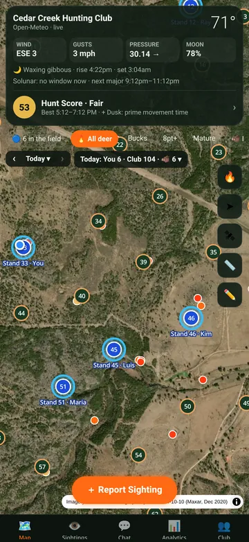 Satellite lease map with the lease boundary, numbered stands and members checked in