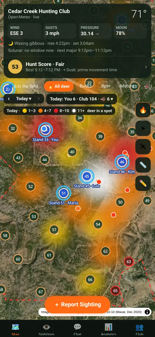 BuckScout lease map with numbered stands, a heat map of club deer sightings, live wind and moon, and today's Hunt Score.